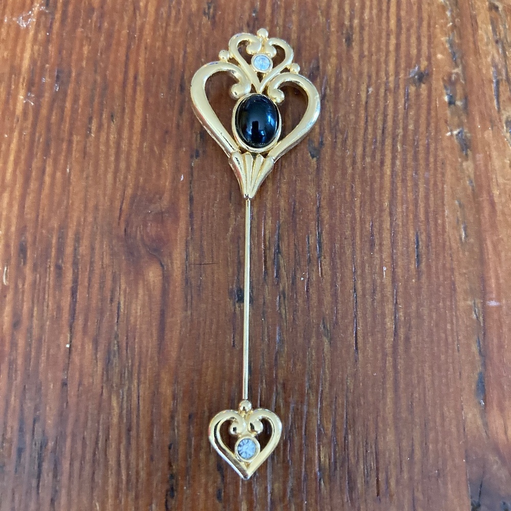 Vintage Avon Stick Pin Brooch Goldtone, Black with Rhinestones